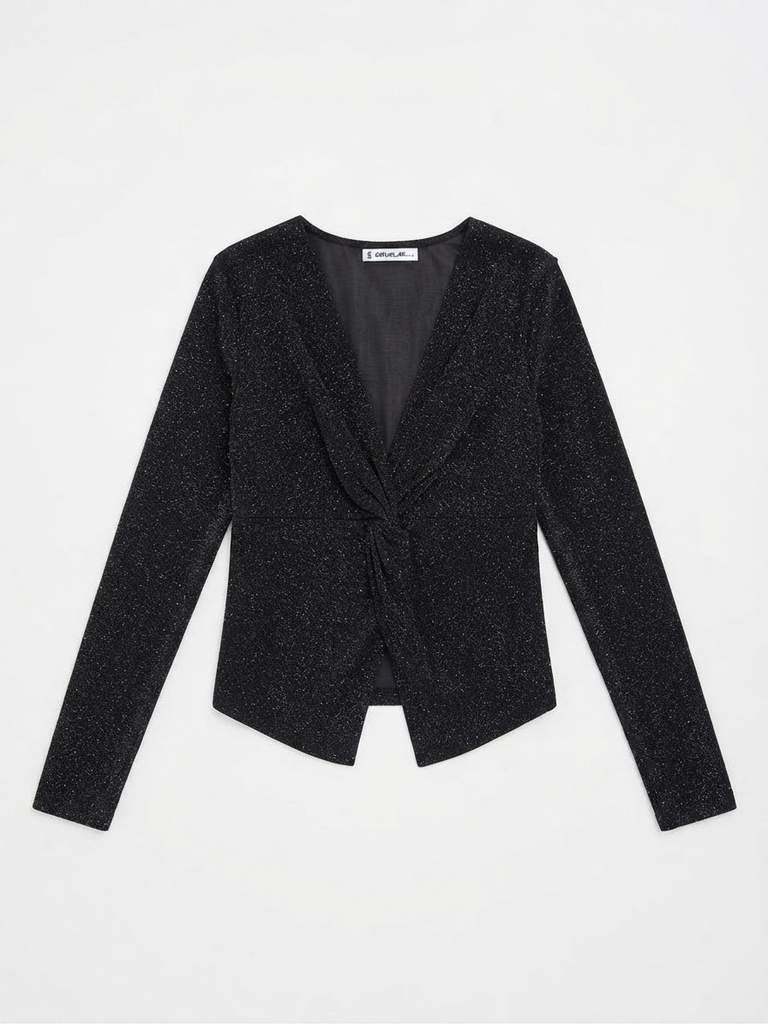 Glitter Knot-Front Long-Sleeve Top (S/M)