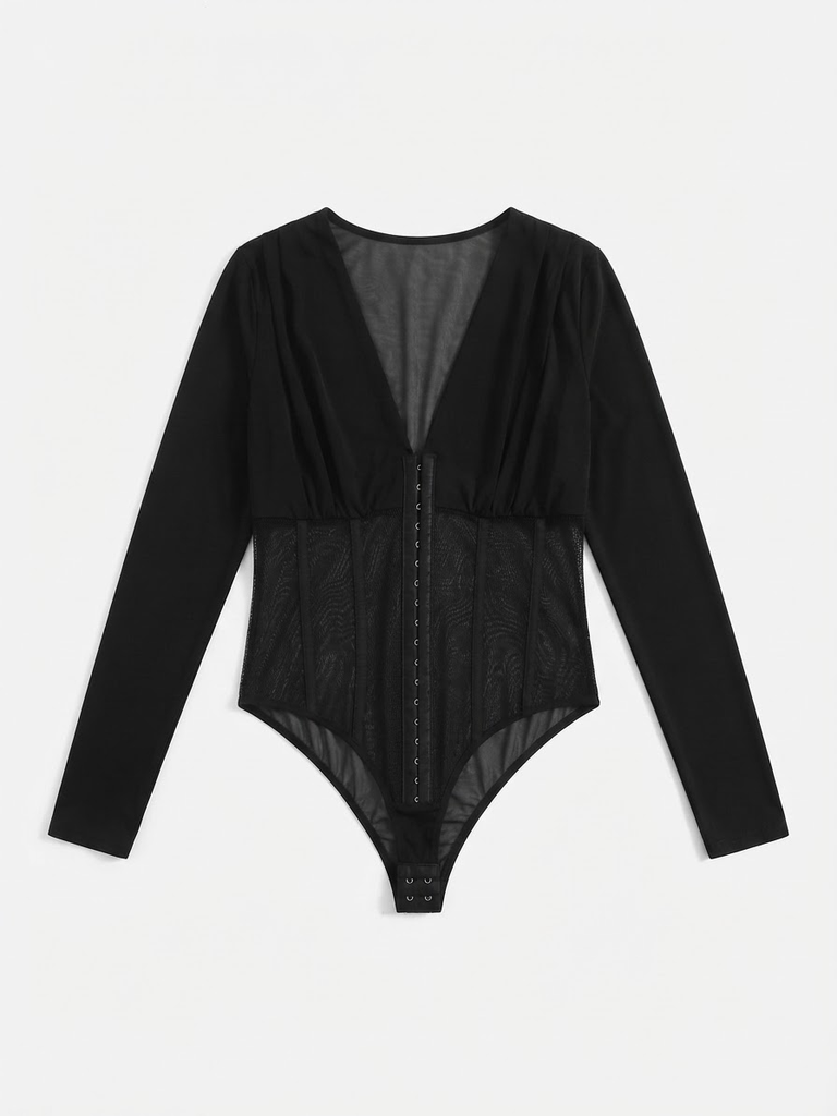 Sheer Mesh Corset-Style Bodysuit (S/M)