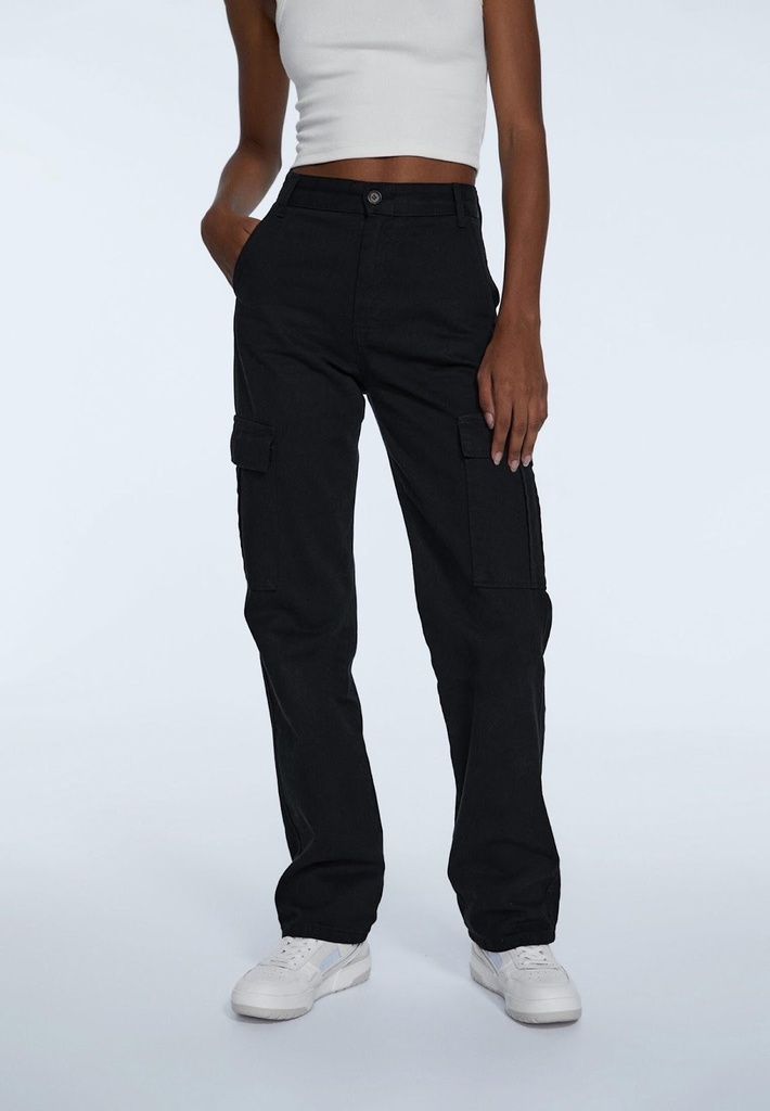 Pantalon Cargo Popelin (Negro, XS)