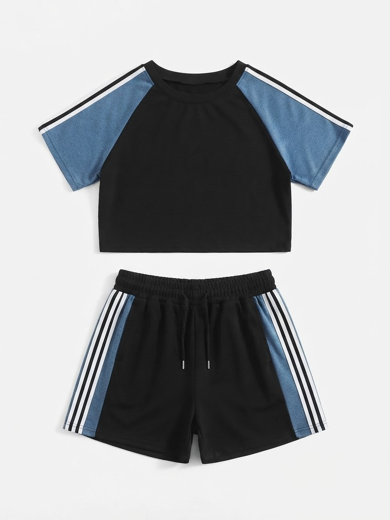 Side Stripe Crop Top & Shorts Lounge Set (Negro, S/M)