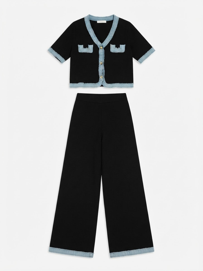 Chic Travel Ribbed Cardigan & Wide-Leg Pants Set (Negro)
