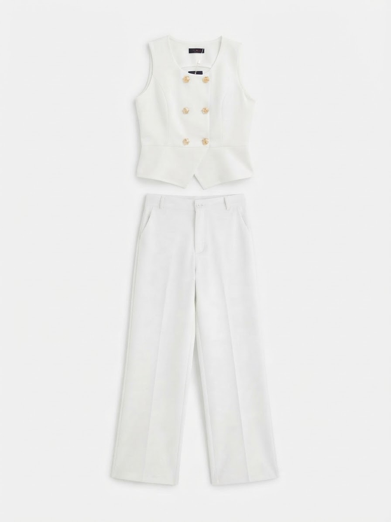 White Double-Breasted Vest & Wide-Leg Pants Set