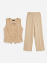 Beige Double-Breasted Vest & Wide-Leg Pants Set