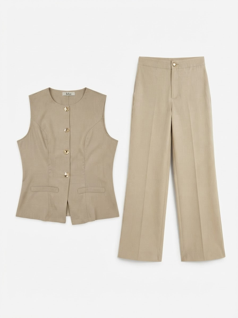Beige Button-Front Vest & Wide-Leg Pants Set