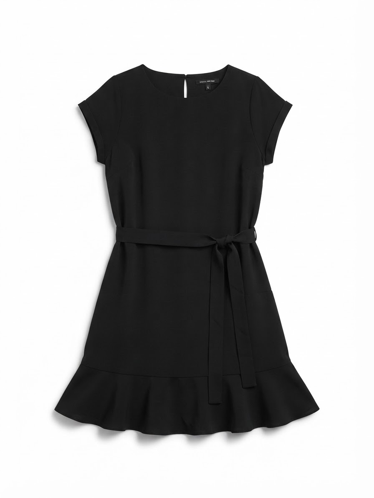 Black Ruffle-Hem Dress with Waist Tie (S)