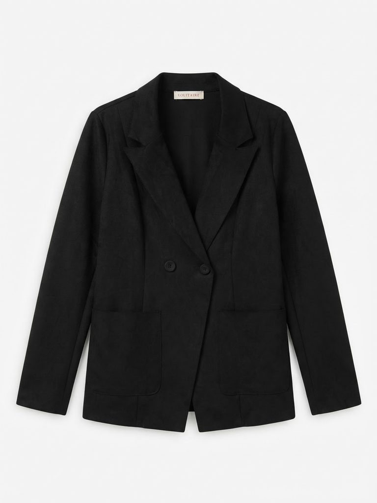 Black Suede-Feel Double-Breasted Blazer