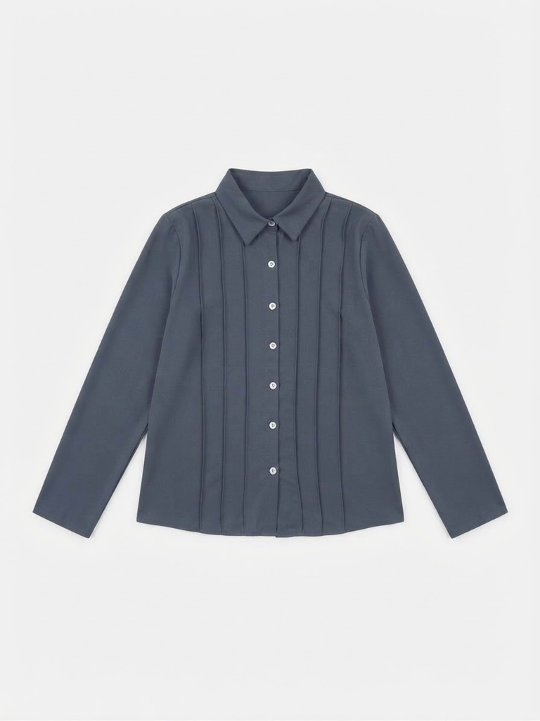 Shein Blue-Grey Pleated Long-Sleeve Blouse