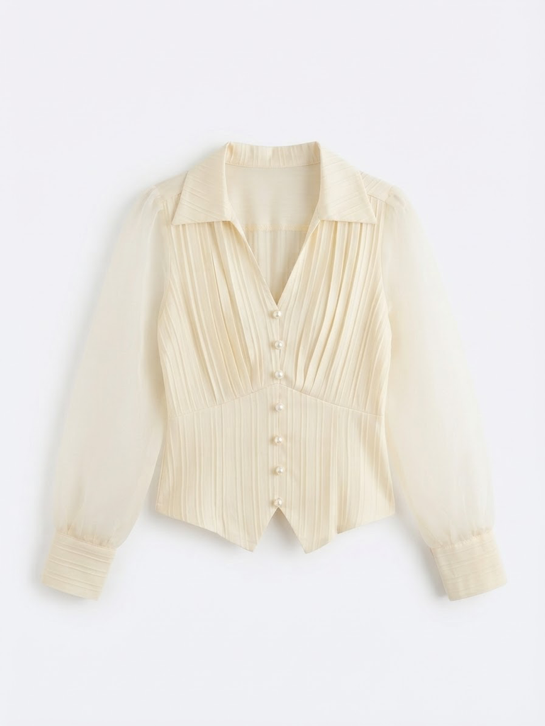 Shein Cream Pleated Blouse with Sheer Sleeves