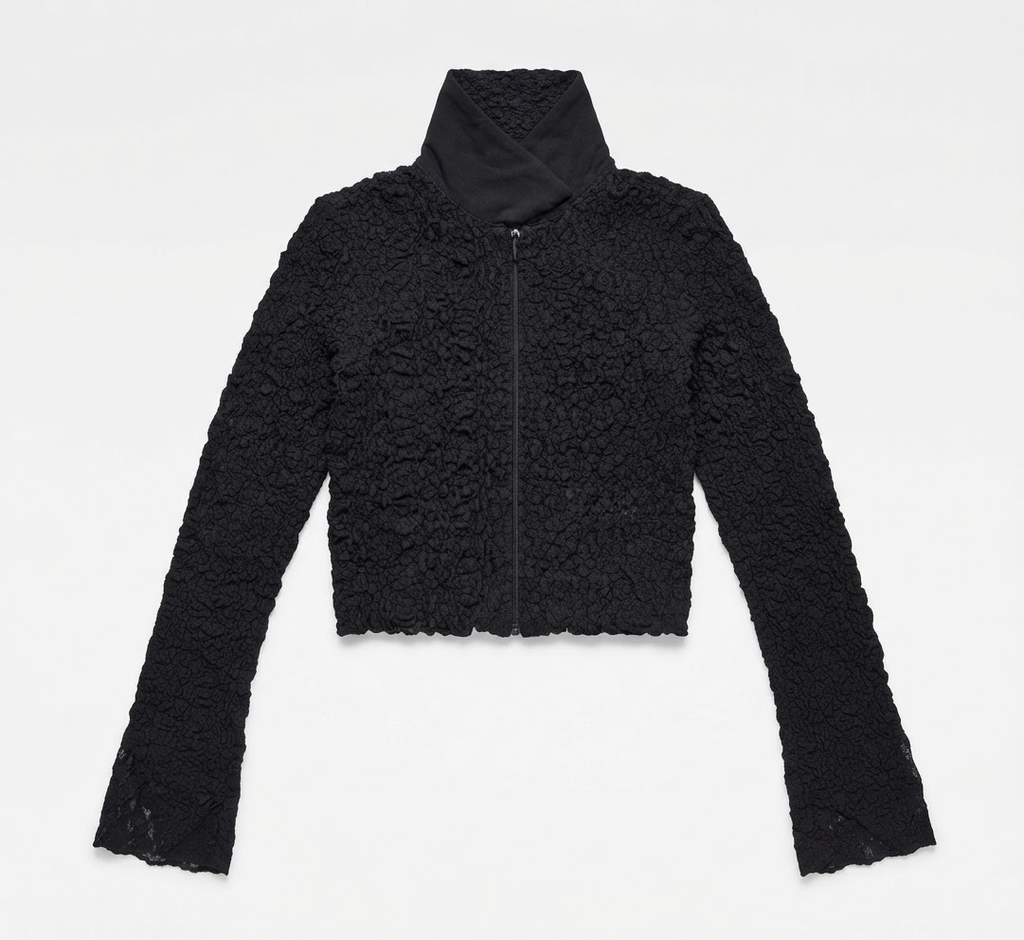 Black Textured Zip-Up Top with High Neck