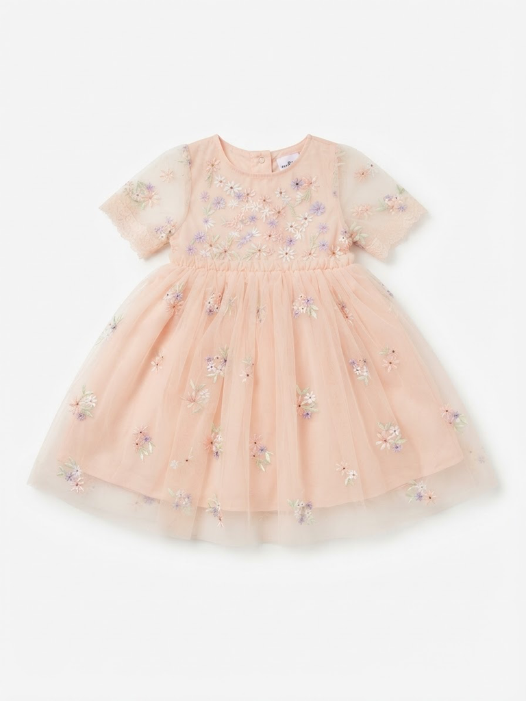 Peach Embroidered Tulle Girl's Dress